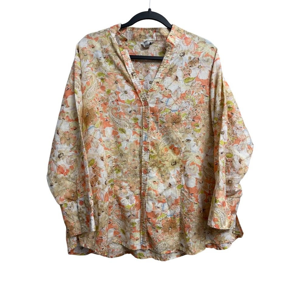 Harve Benard 2X Linen Cotton Floral Paisley Button Down Blouse Top Coastal Shirt